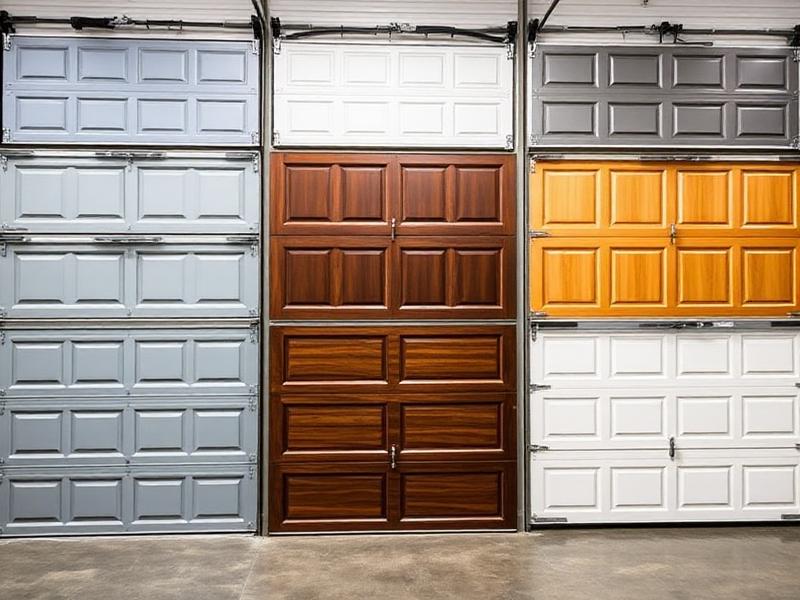 Row of different style garage doors showcasing various brand options
