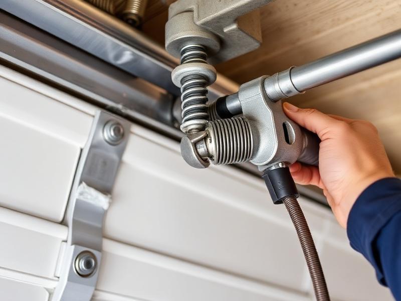 Garage door torsion spring system being inspected by a professional technician