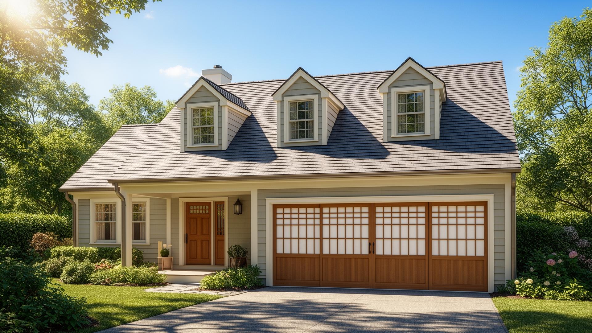 Beautiful Cape Cod home with Asian-inspired shoji panel garage doors in Millis, MA