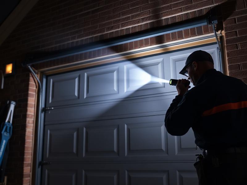 Emergency garage door repair technician at night with flashlight